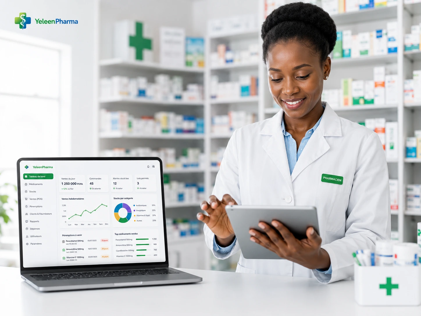 Pharmacienne africaine utilisant YeleenPharma